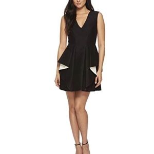 Halston Heritage Cap Sleeve V neck Contrast Flounce black dress LBD. NWT new
